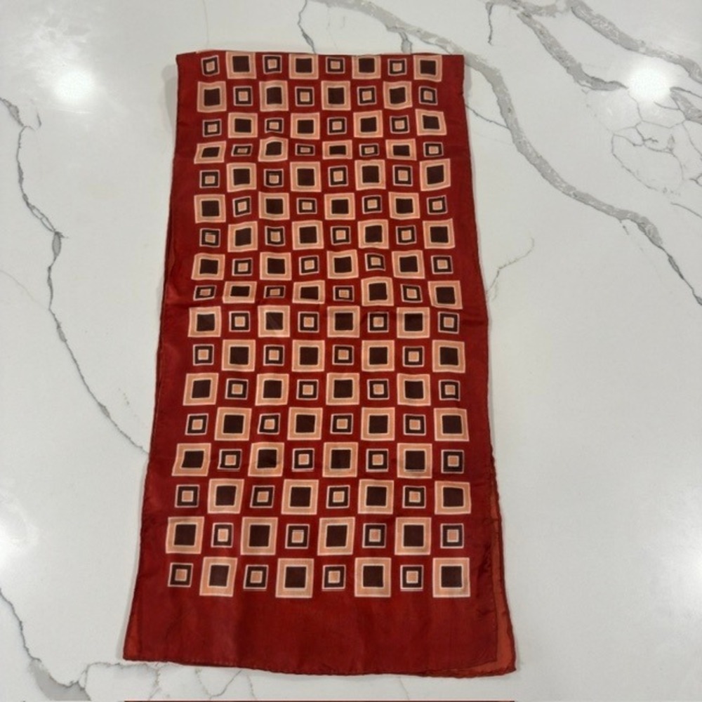 Vintage 70s Rust Brown Geometric Op Art Long Silk Scarf 40x10 Retro Mod Groovy
